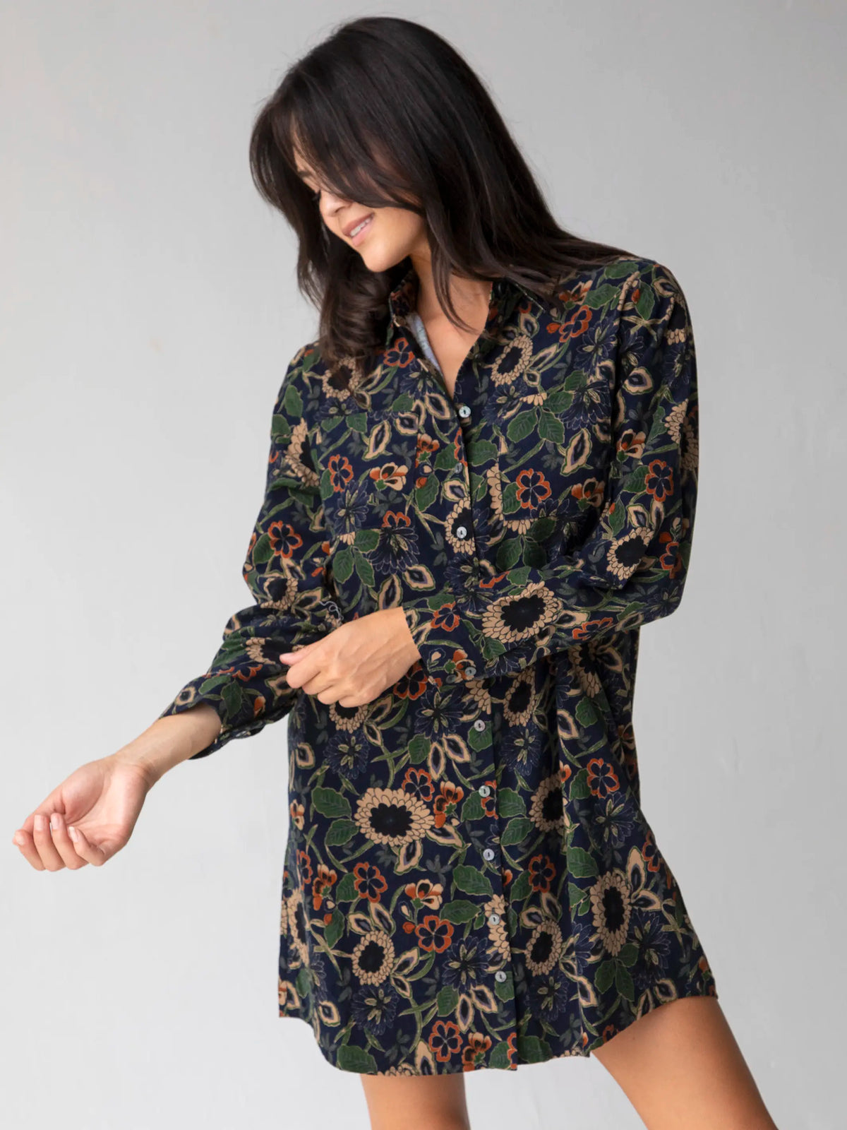 Rocky Corduroy Mini Dress - Navy Tan Dahlias