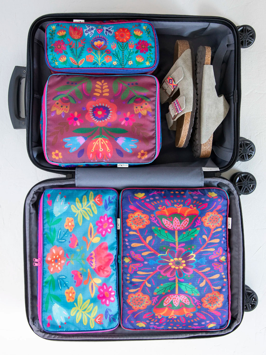 Travel Packing Cubes. Set of 4 - Multi Folk Flower