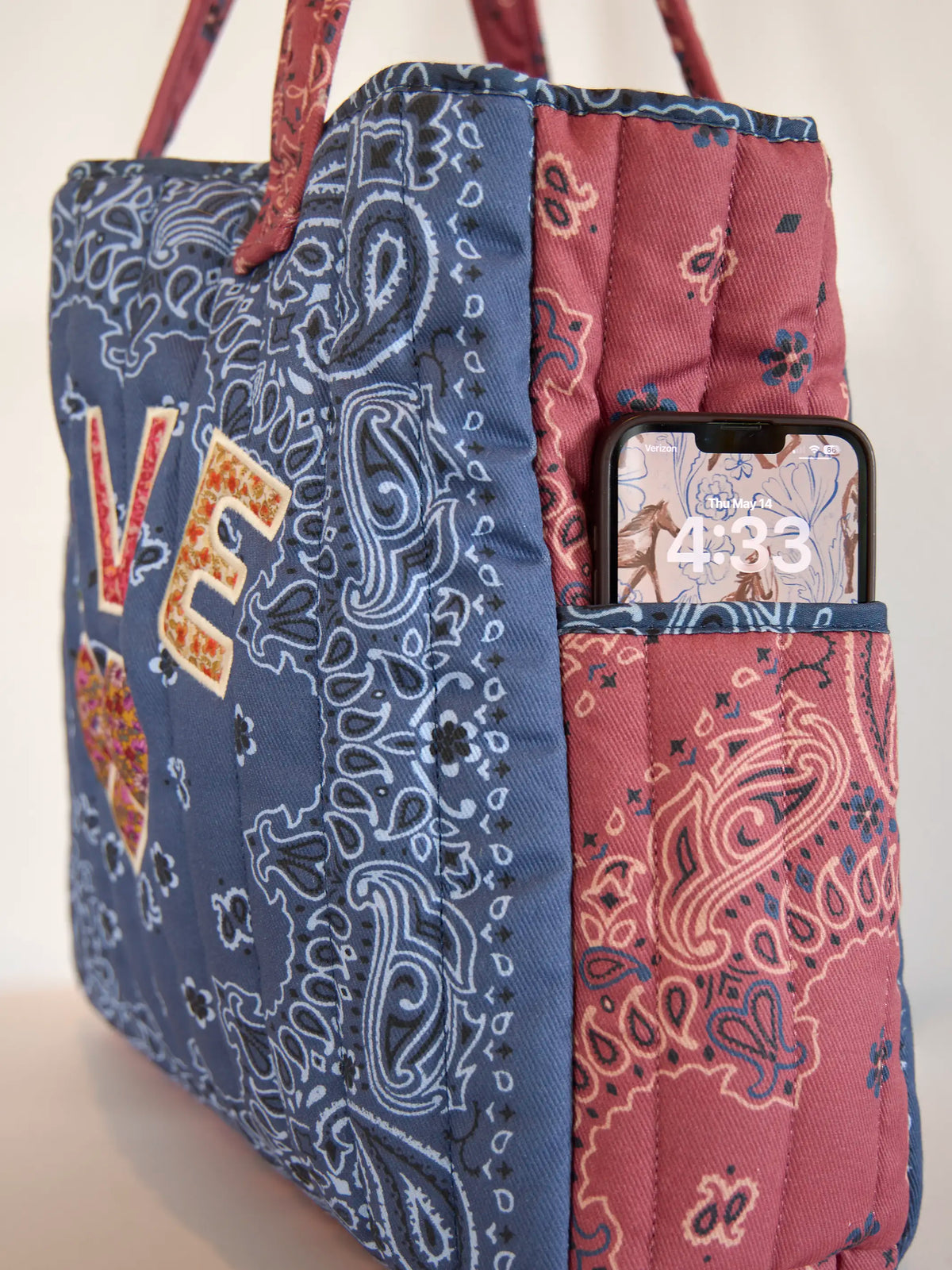 Quilted Applique Love Tote Bag - Blue Classic Bandana