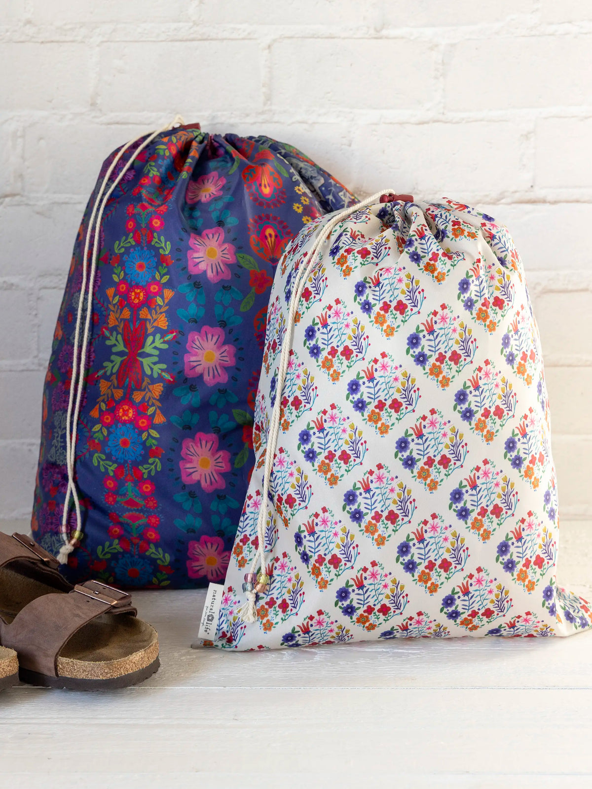 Travel Laundry Bags. Set of 2 - Washed Navy Floral