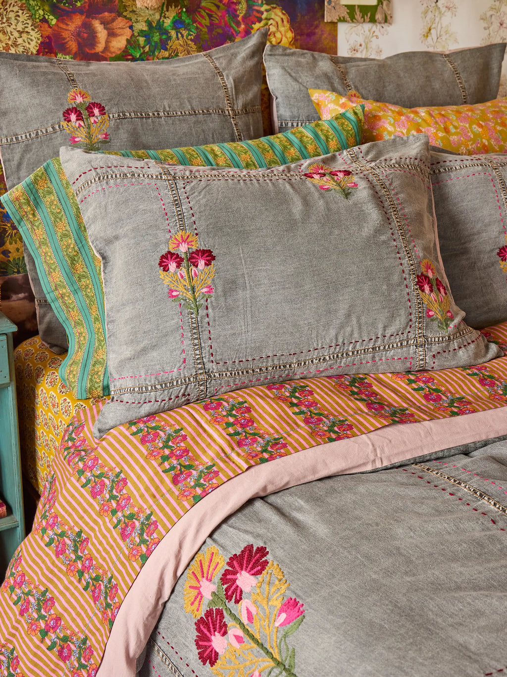 Embroidered Denim Duvet Cover - Light Grey
