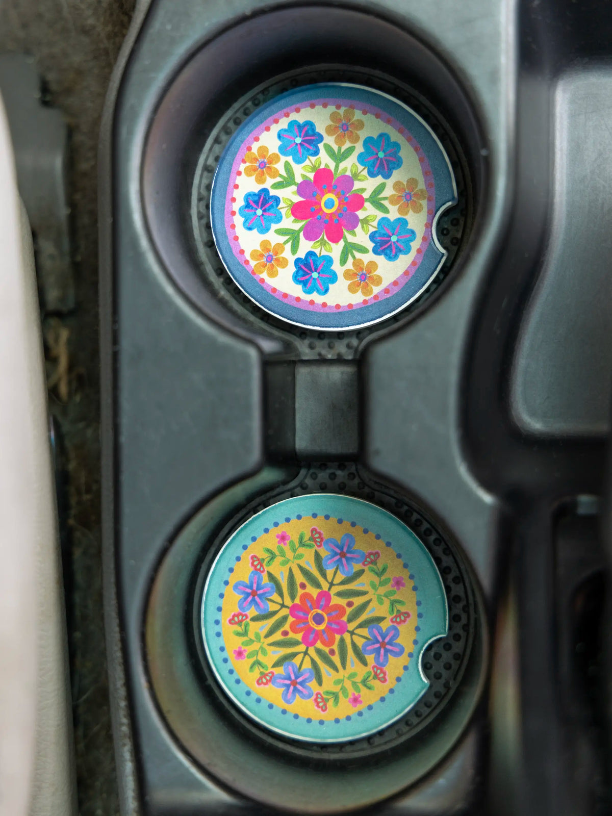Car Coasters. Set of 2 - Mustard Folk Flower