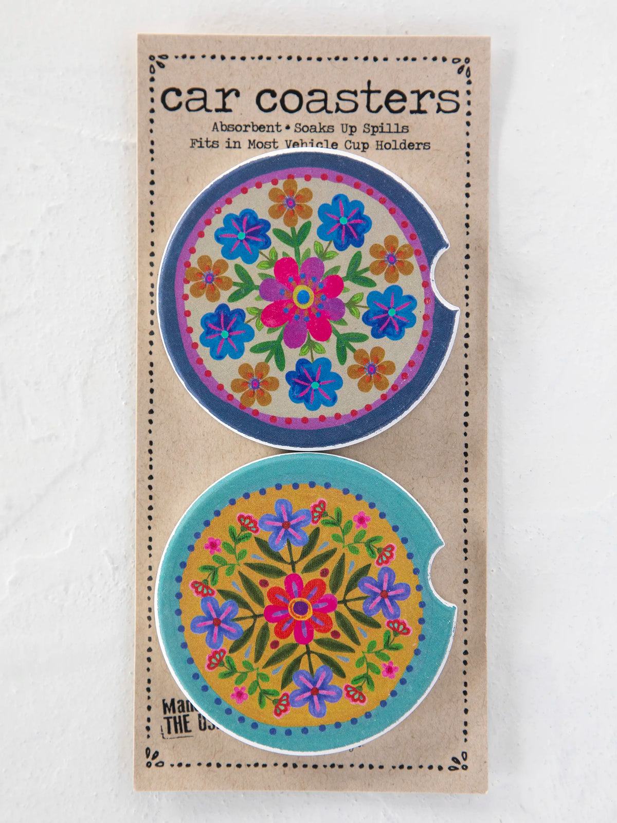 Car Coasters. Set of 2 - Mustard Folk Flower