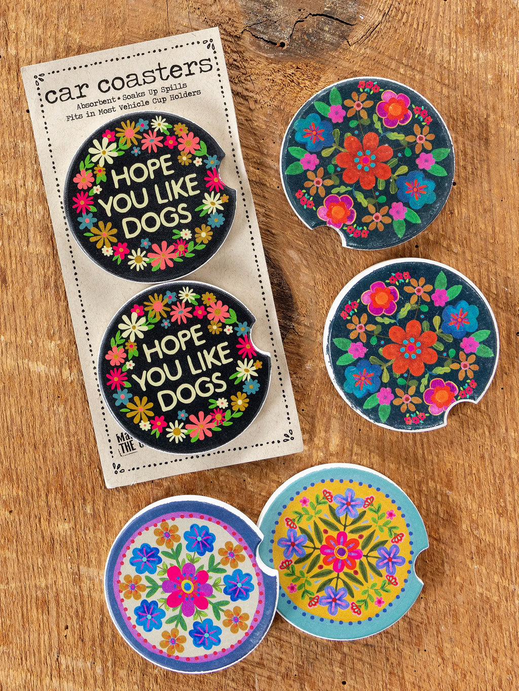 Car Coasters. Set of 2 - Mustard Folk Flower