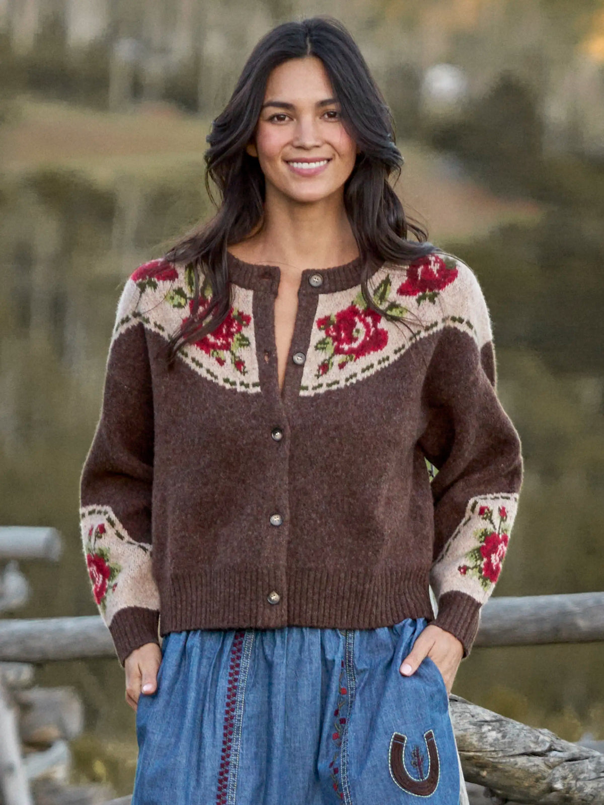 Jacquard Button Front Cardigan Sweater - Espresso Rose
