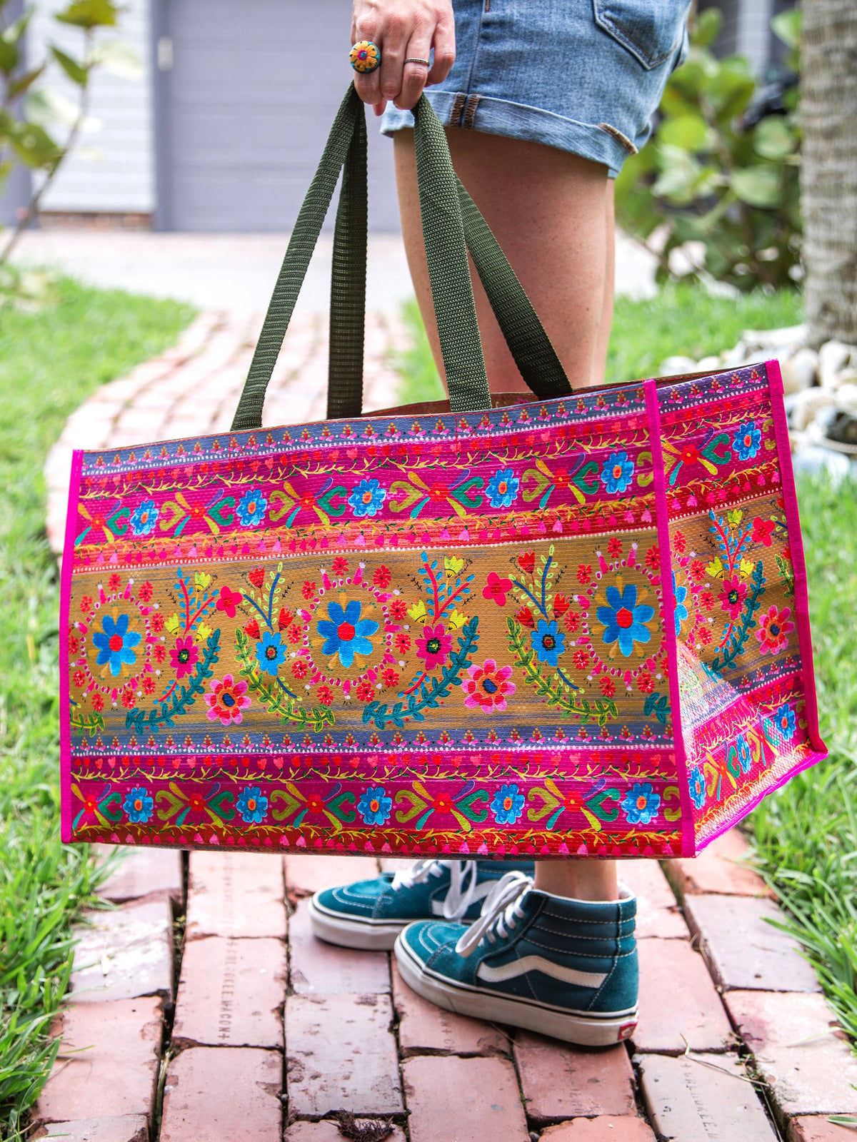 Carry All Happy Tote Bags. Set of 2 - Floral Border