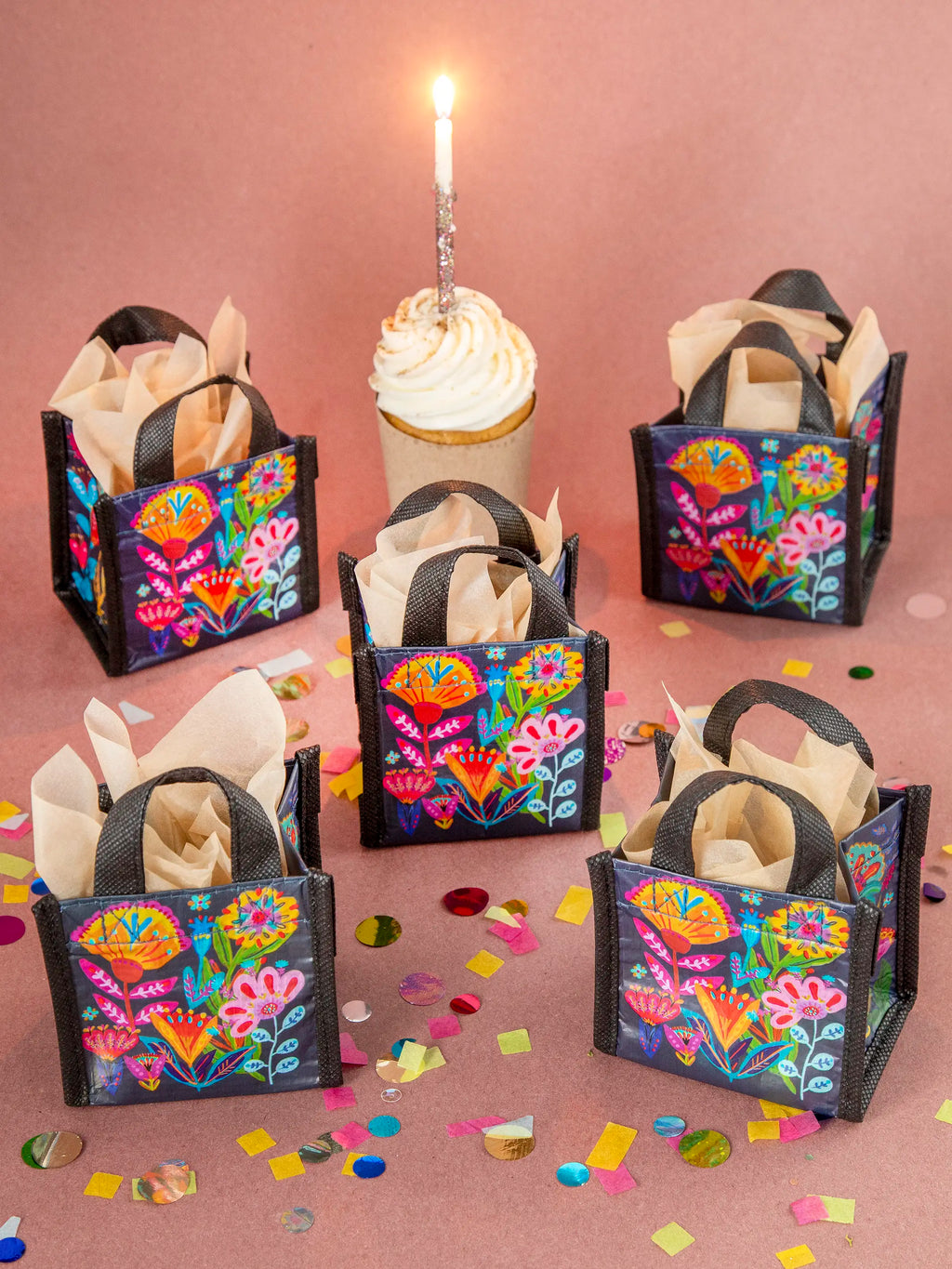 Mini Happy Bag. Set of 5 - Navy Folk Flower