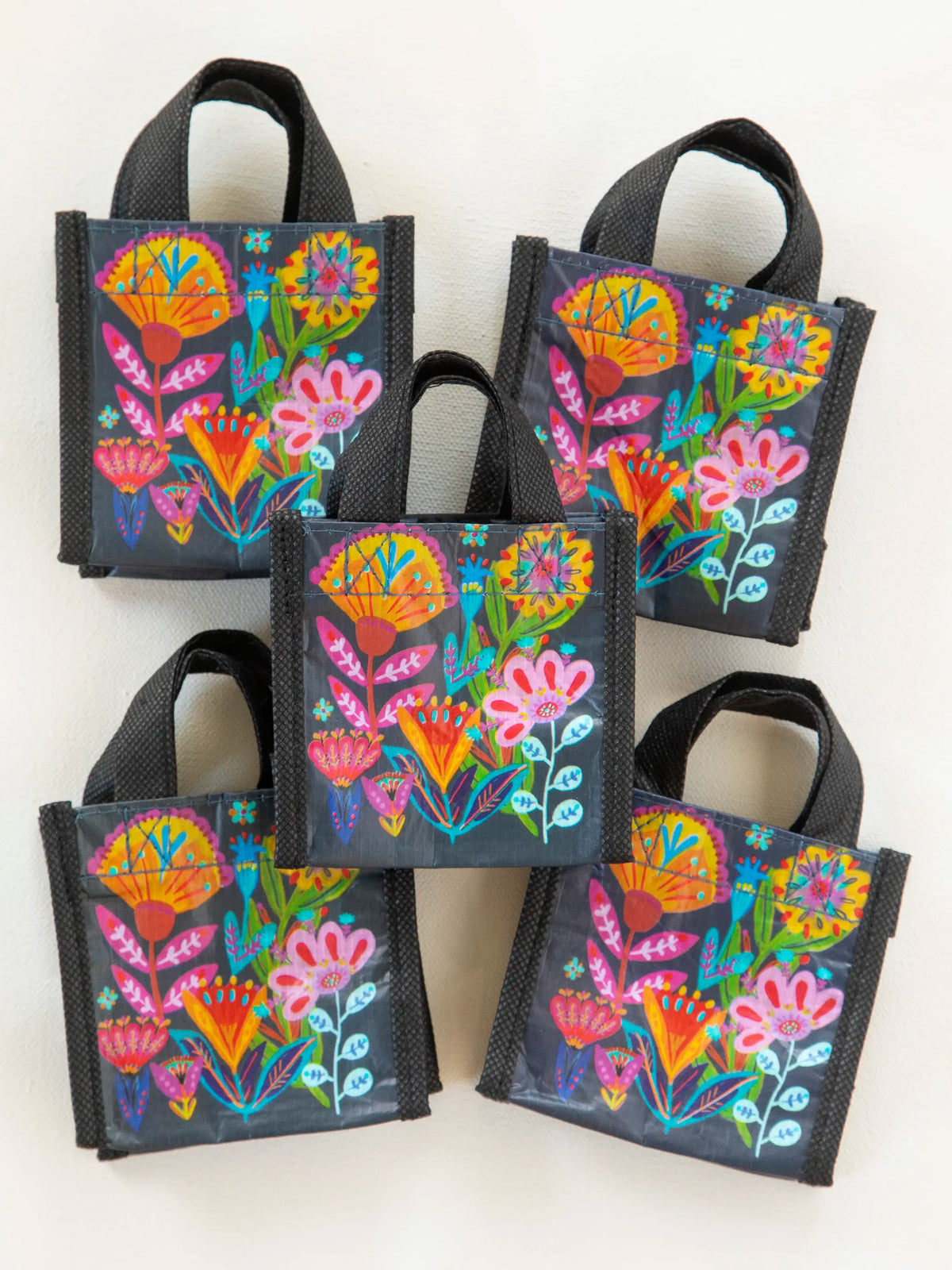 Mini Happy Bag. Set of 5 - Navy Folk Flower