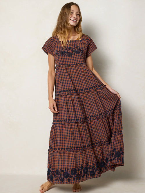 Berkley Embroidered Cotton Maxi Dress - Rust Gingham