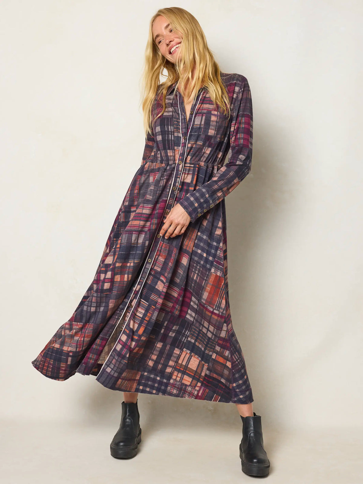 Christa Knit Cotton Maxi Dress - Greenfield Madras Blackberry