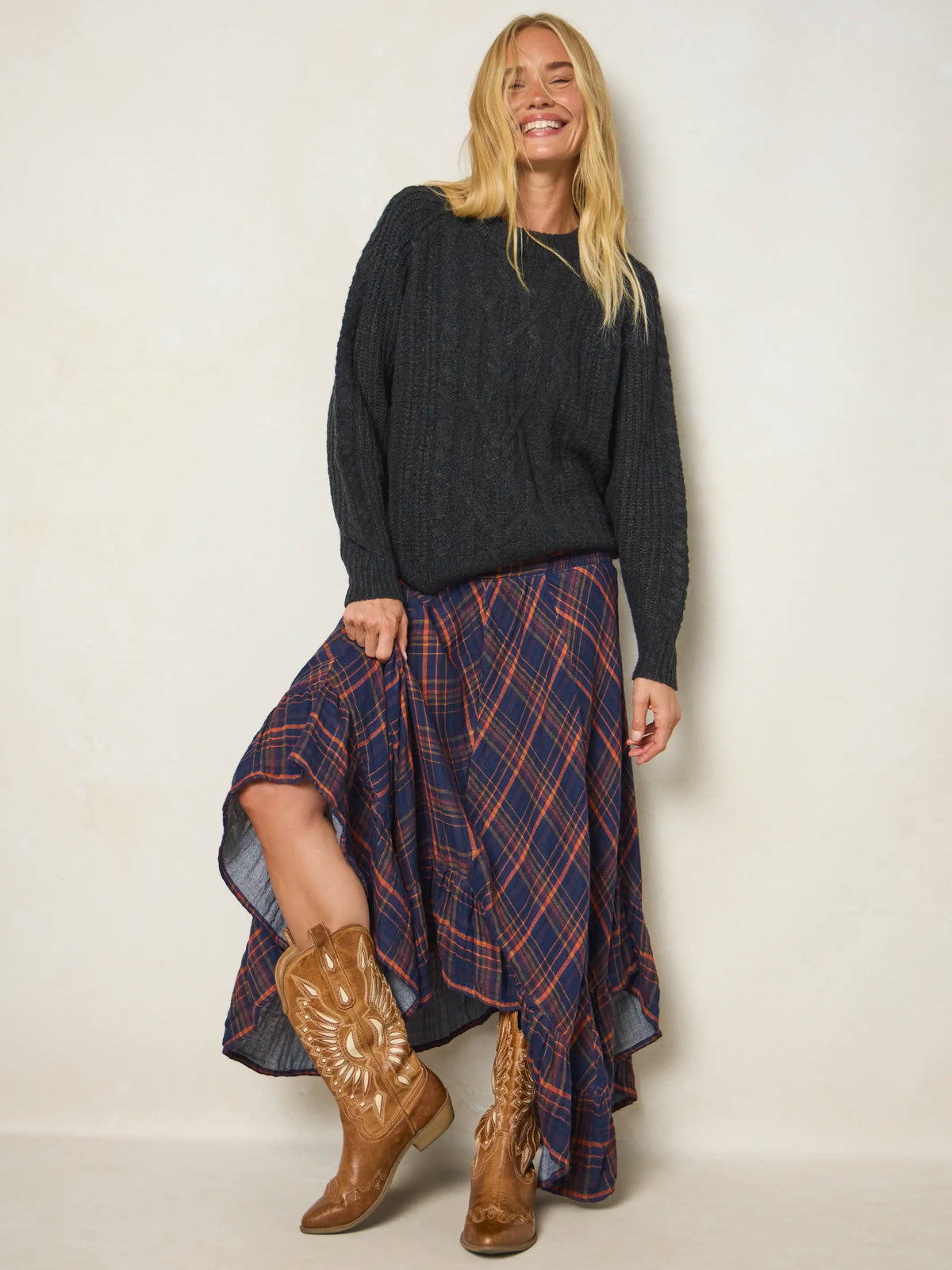 Feelin' Alive Convertible Cotton Midi Skirt - Navy Orange Plaid