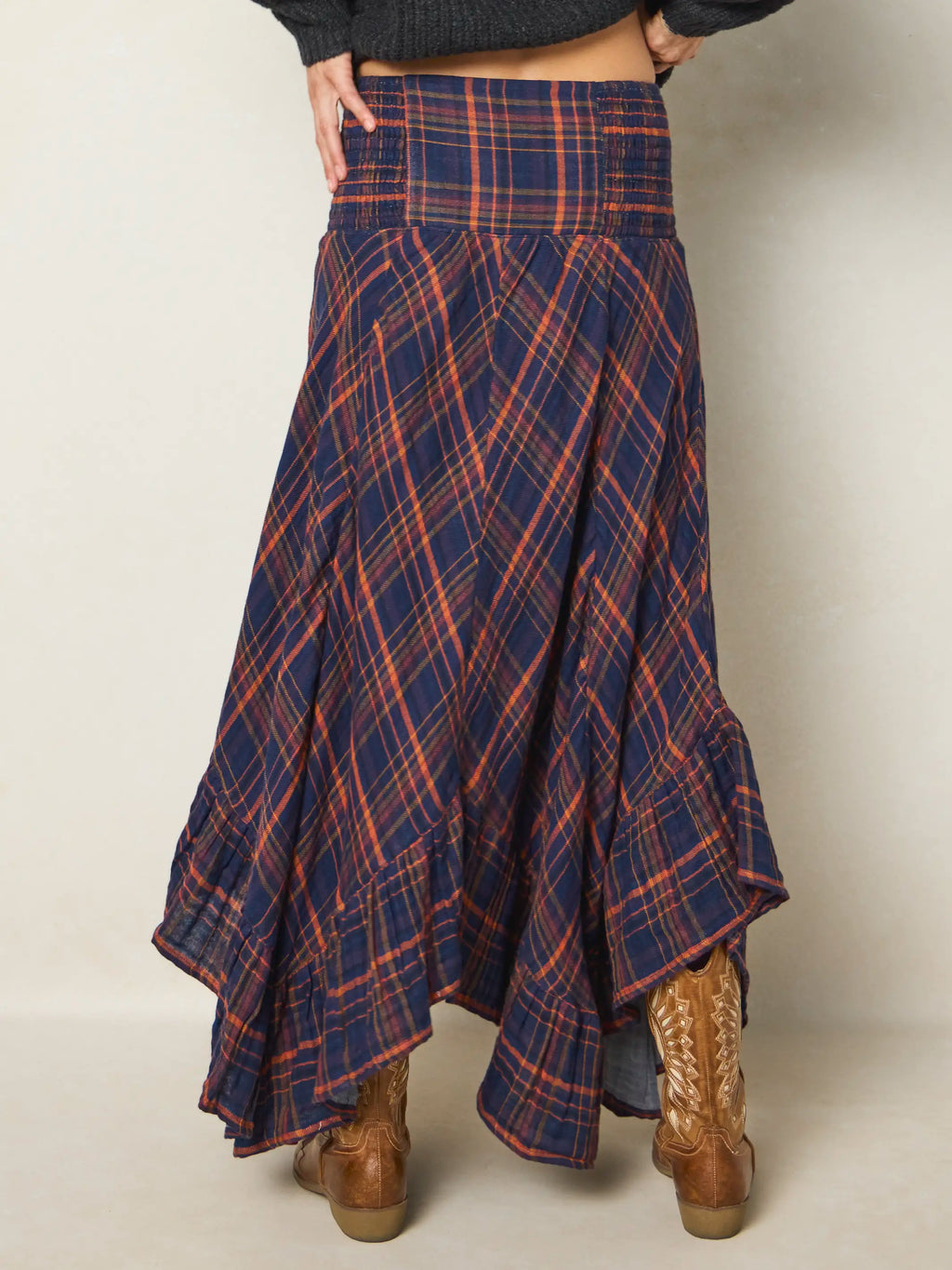 Feelin' Alive Convertible Cotton Midi Skirt - Navy Orange Plaid