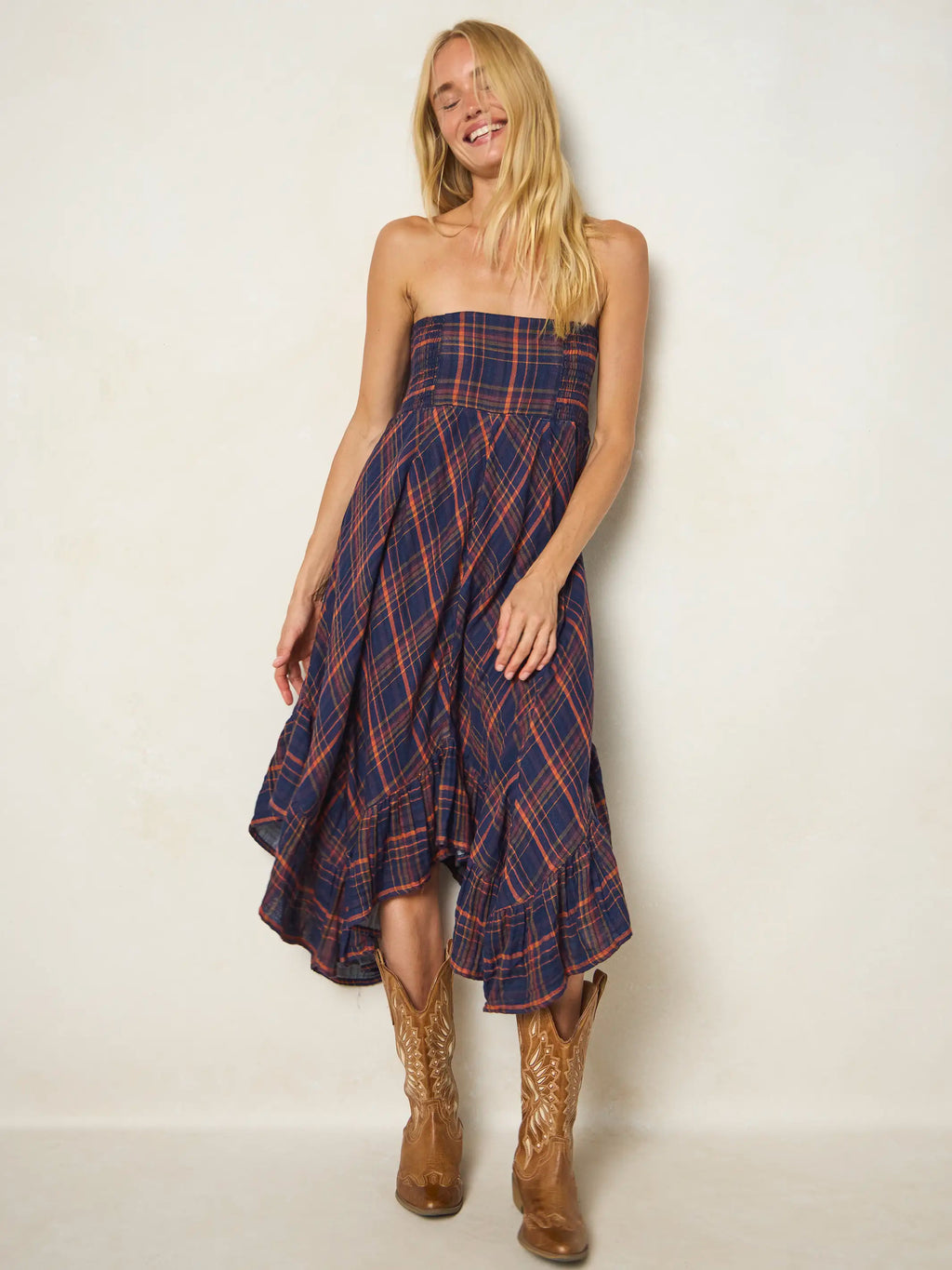 Feelin' Alive Convertible Cotton Midi Skirt - Navy Orange Plaid