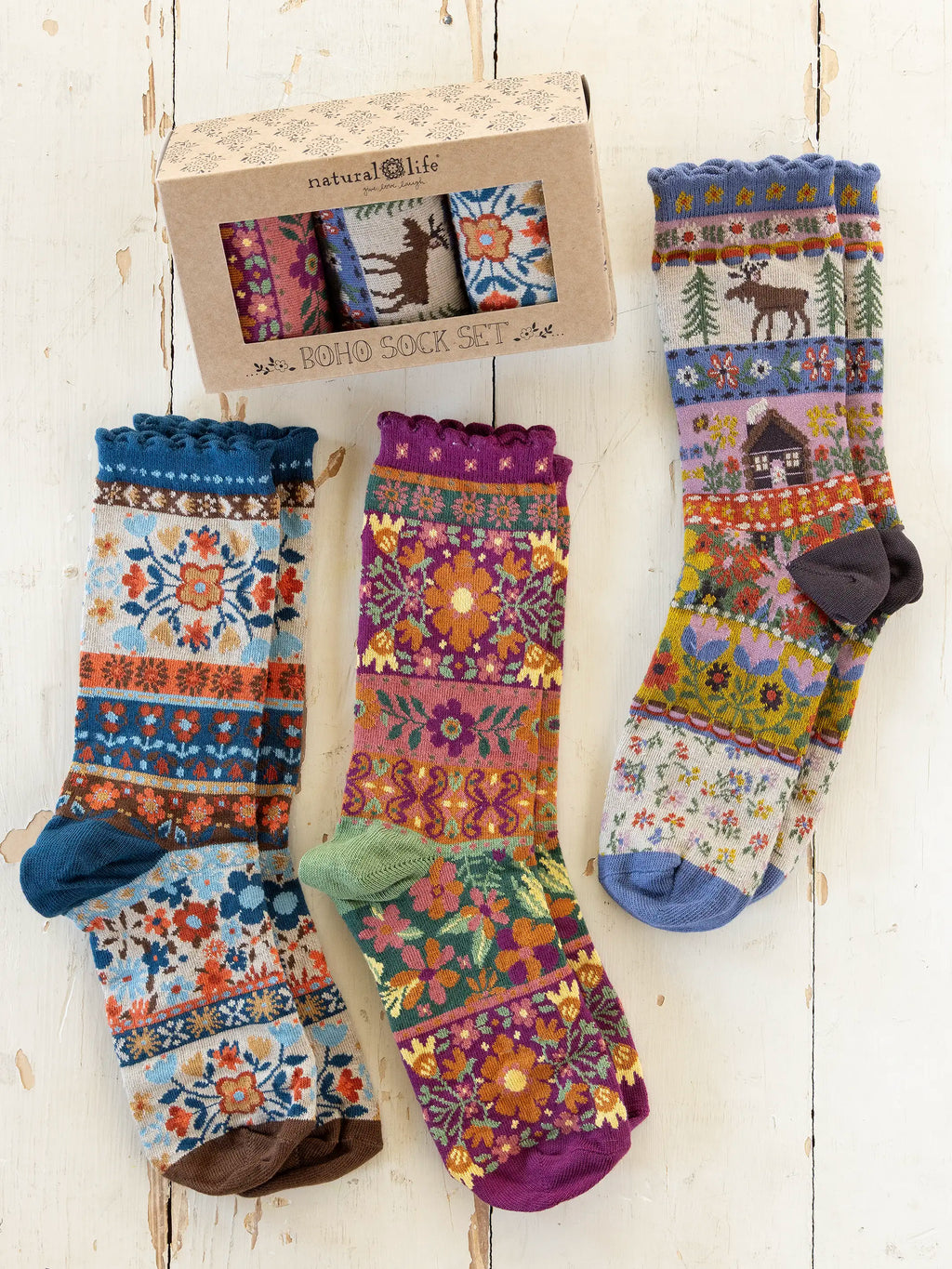 Boxed Boho Sock Set. Set of 3 - Maroon Moose