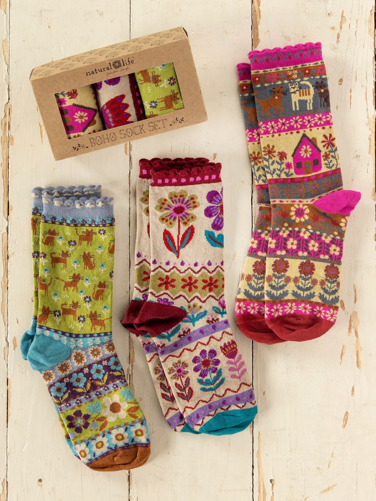 Boxed Boho Sock Set. Set of 3 - Blue Cat