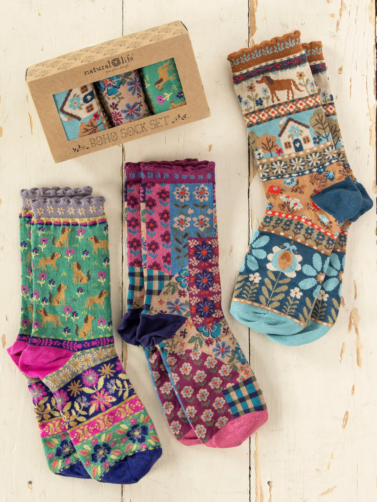 Boxed Boho Sock Set. Set of 3 - Blue Dog