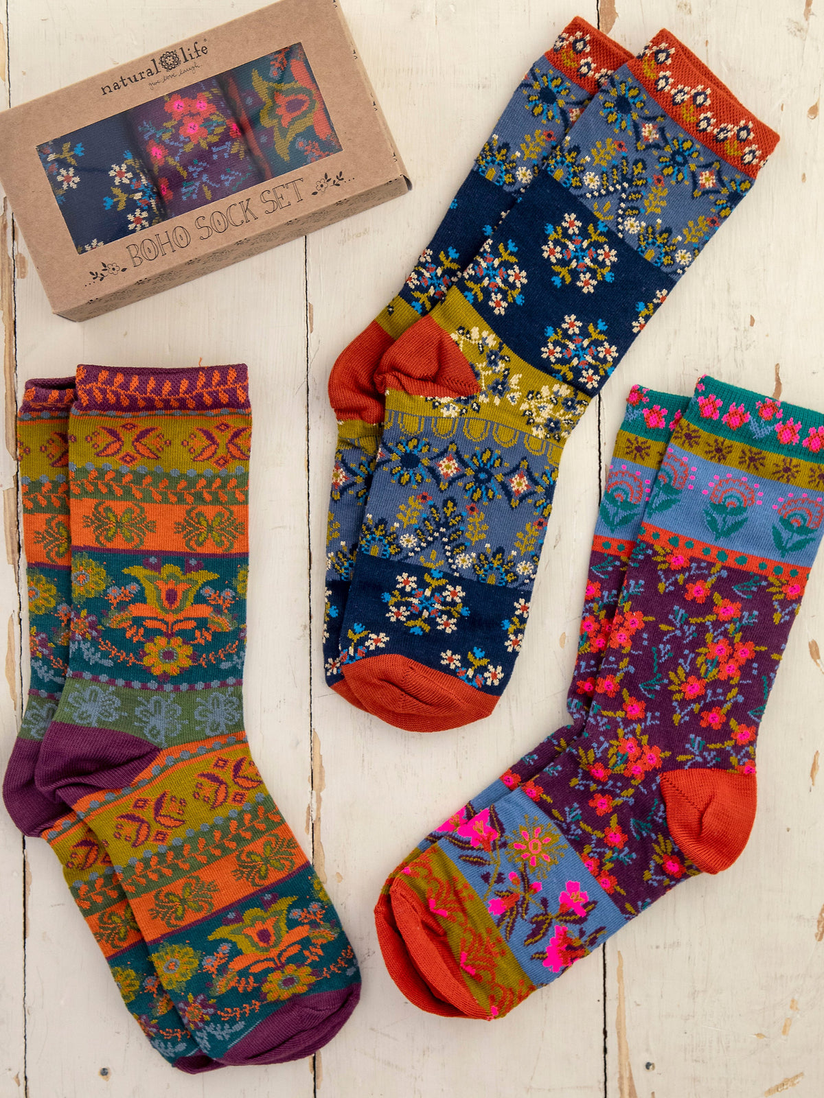 Boxed Boho Sock Set. Set of 3 - Plum Floral