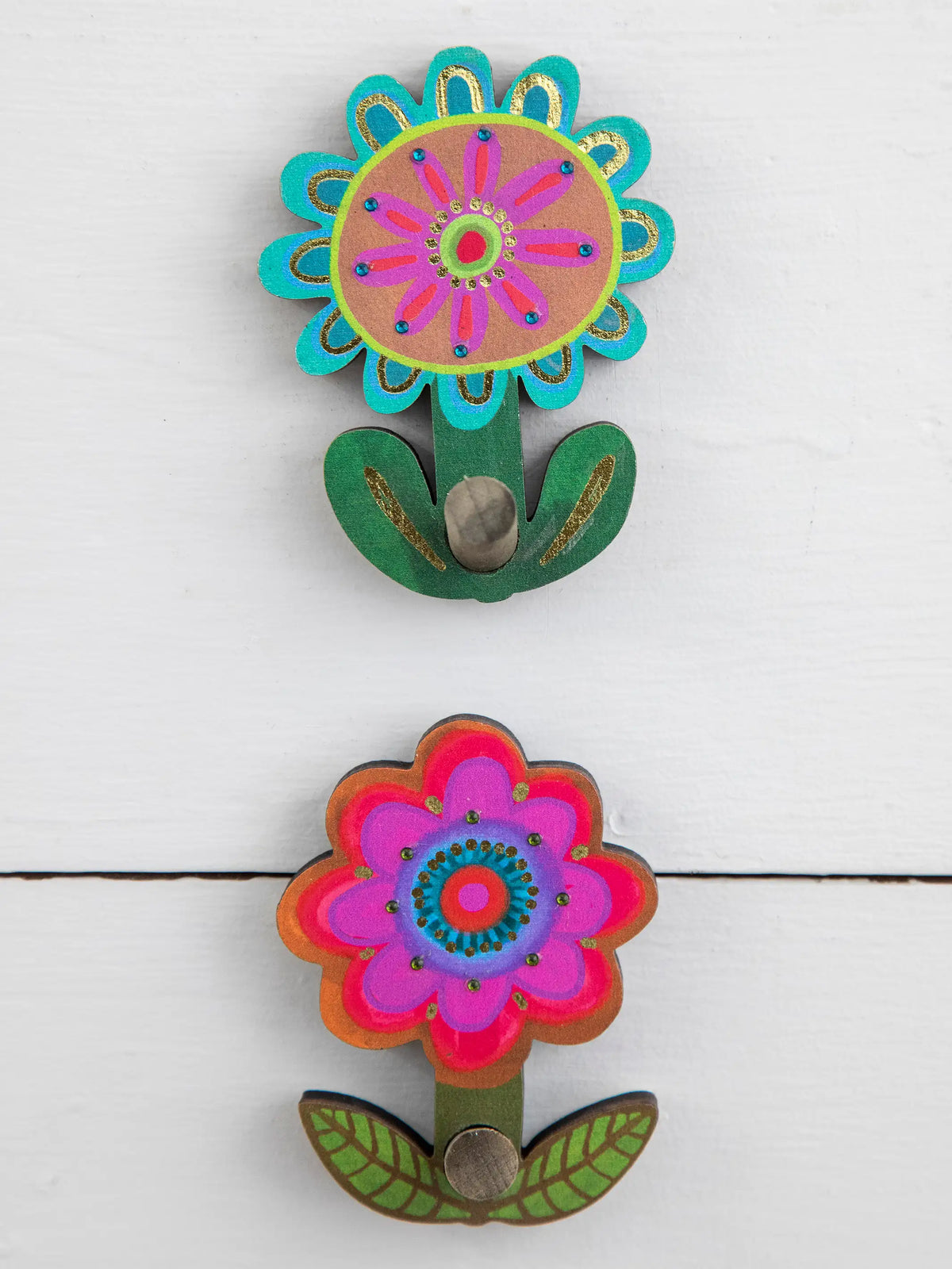 Adhesive Wooden Wall Hooks. Set of 2 - Flower